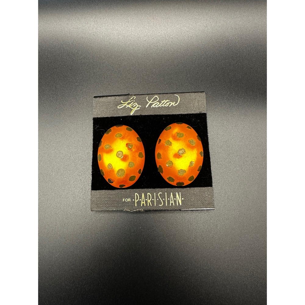 Liz Patton Earrings Women OS Orange Parisian Vintage Clip On Gold Polka Dot Oval